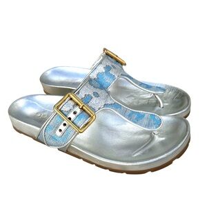 PRADA Metallic Silver Sandal Blue Jacquard Thong Slides Made in Italy Women’s